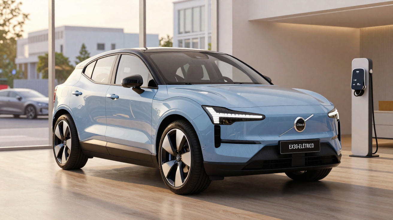 Voiture électrique Volvo bleu clair stationnée près d’une borne de recharge dans un garage moderne.