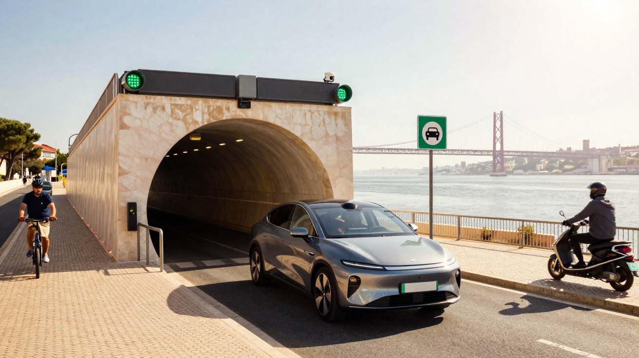 Voiture électrique sortant d'un tunnel au bord d'une rivière avec un pont en arrière-plan, cycliste et scooter à proximité.
