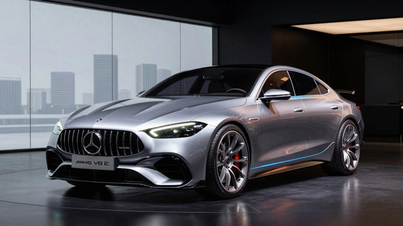 Voiture Mercedes AMG Argentée garée dans un showroom moderne avec grandes fenêtres et éclairage tamisé.