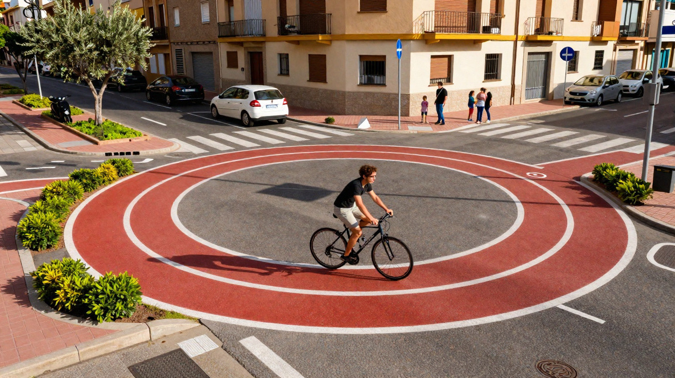 Un homme roule à vélo dans un rond-point peint en rouge au centre d'une rue urbaine.
