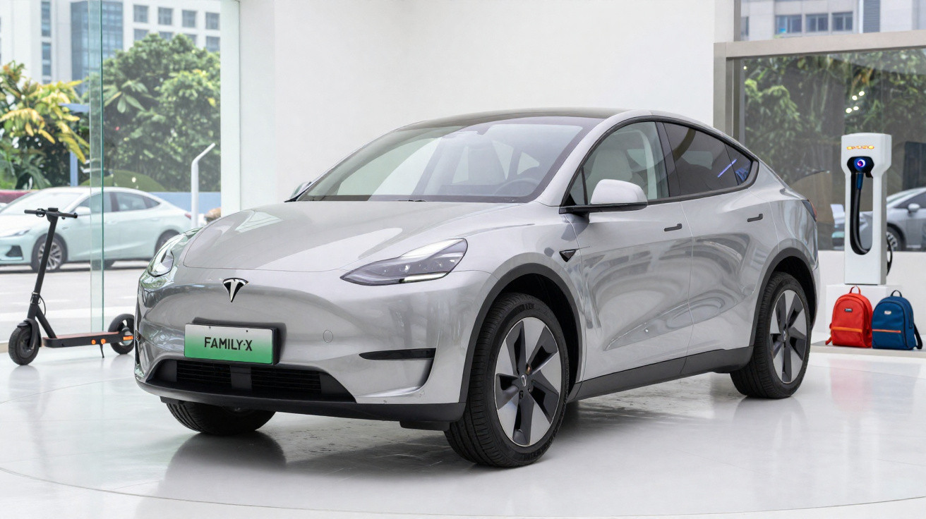 Voiture électrique Tesla Family-X grise dans une vitrine moderne avec trottinette et borne de recharge.