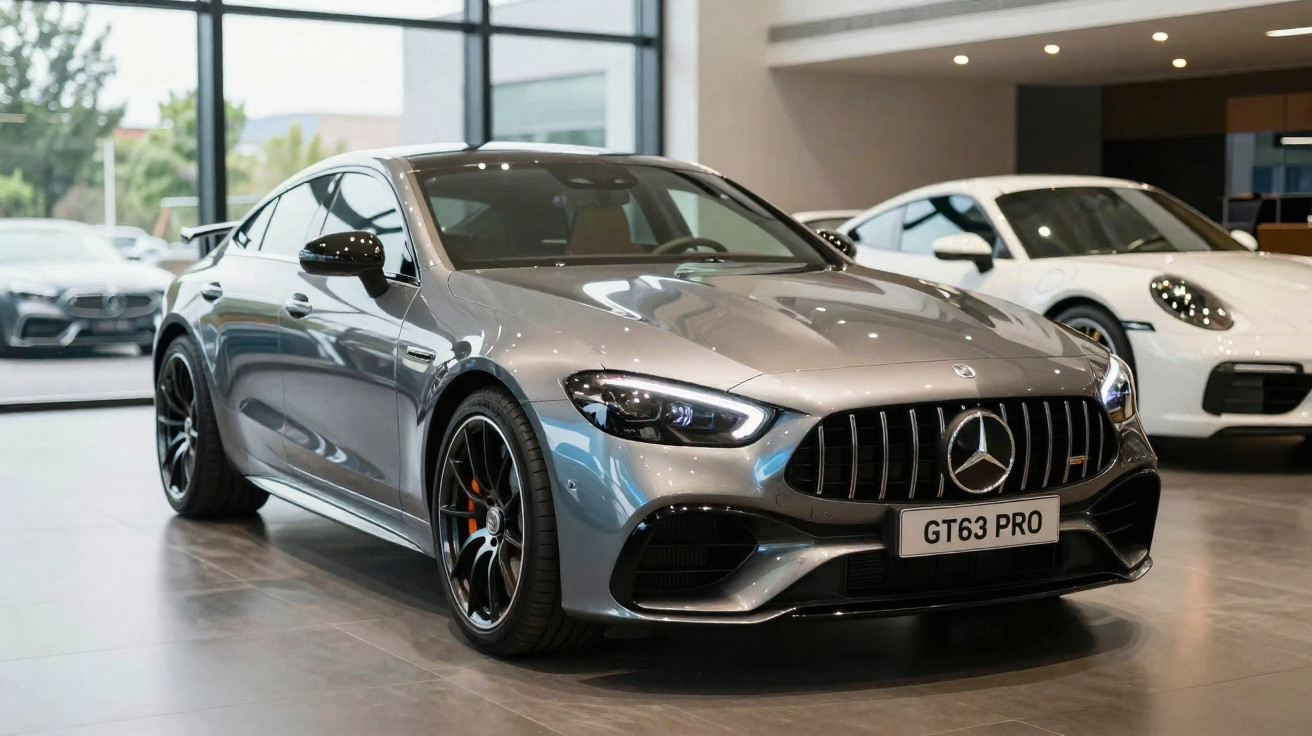 Voiture sportive grise Mercedes AMG GT 63 PRO exposée dans une salle d'exposition moderne.