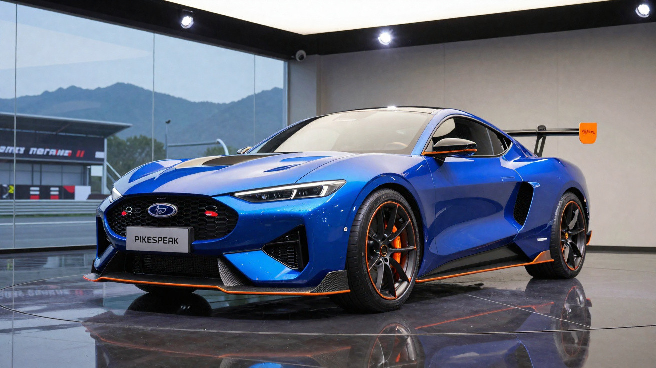 Voiture sportive bleue avec aileron arrière orange exposée dans un showroom moderne.