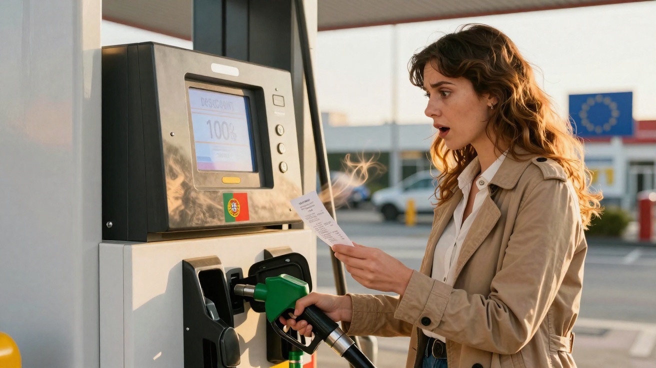 Femme surprise lisant son ticket à une pompe à essence dans une station-service extérieure.