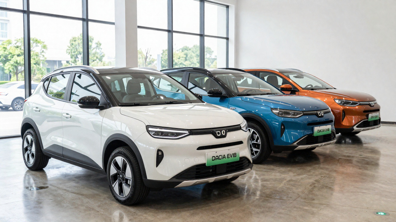 Trois SUV électriques Dacia EV à vendre en couleur blanc, bleu et orange dans un showroom lumineux.