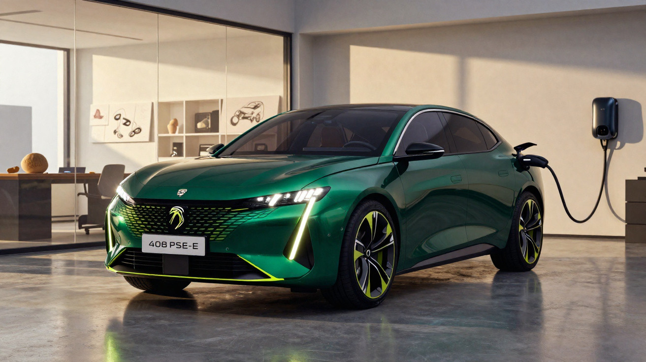 Voiture électrique Peugeot 408 PSE-E verte en charge près d'un mur dans un intérieur moderne lumineux.