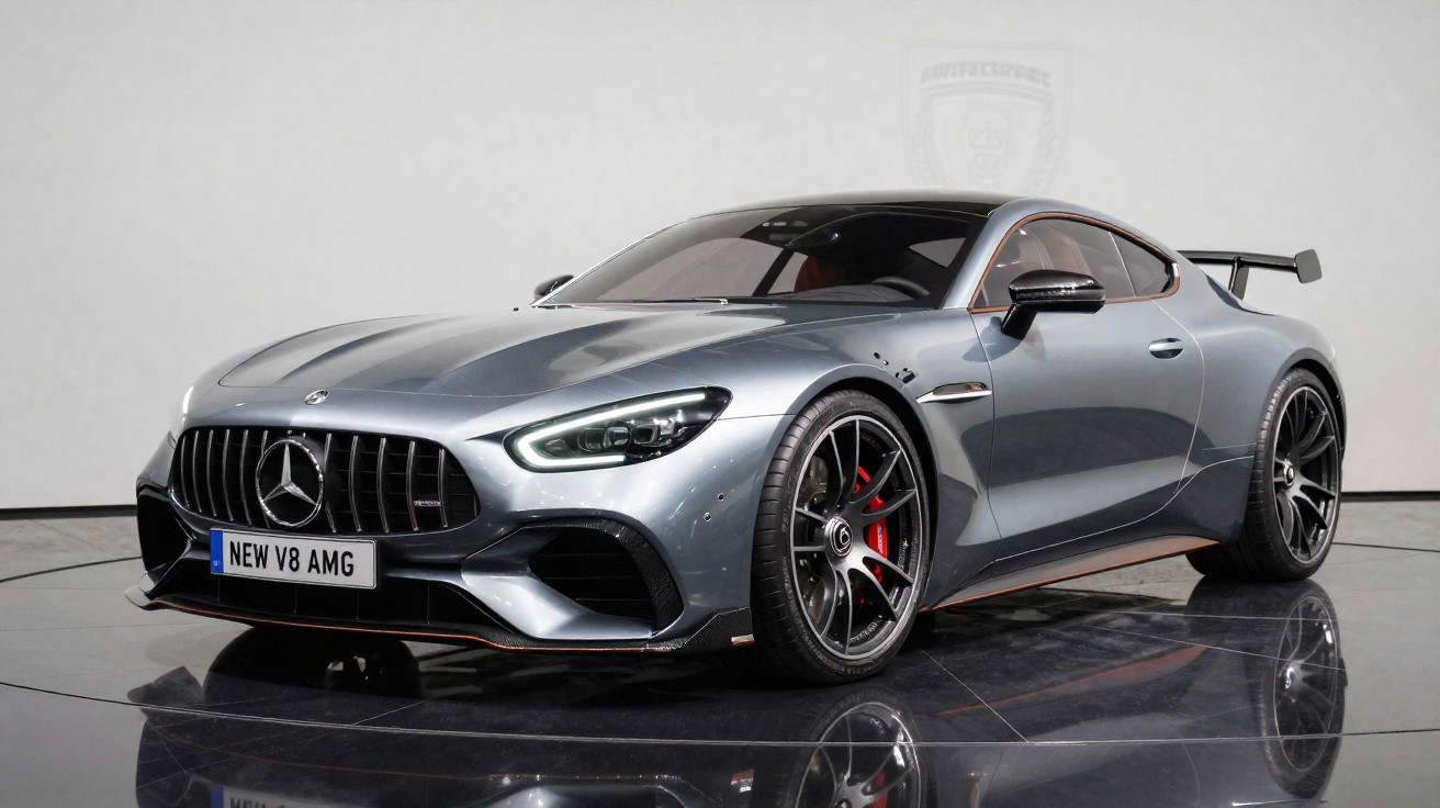 Voiture sportive Mercedes AMG V8 grise métallique avec jantes noires et toit panoramique, vue avant latérale.