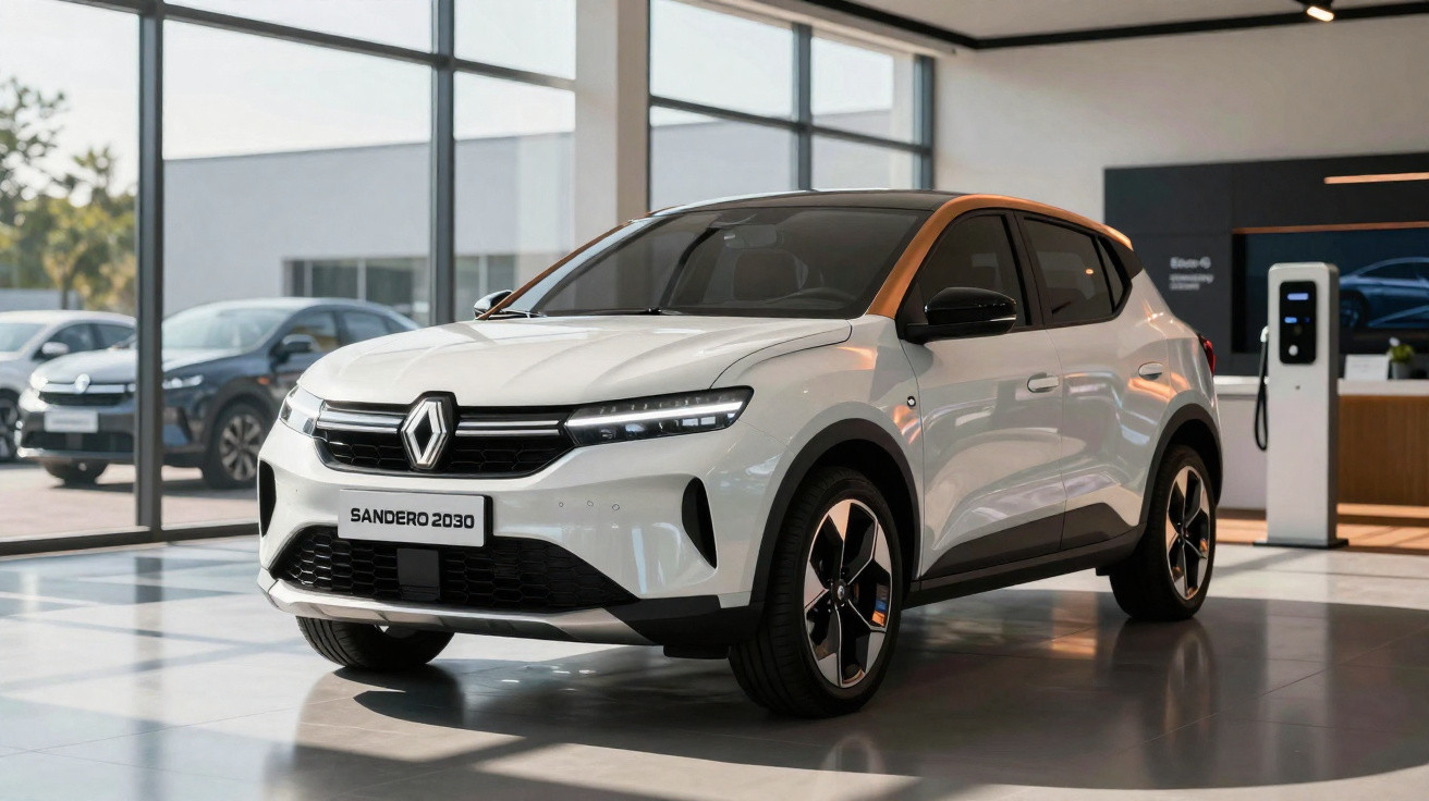 Voiture électrique blanche Renault Sandero 2030 exposée dans un showroom moderne avec grandes fenêtres.