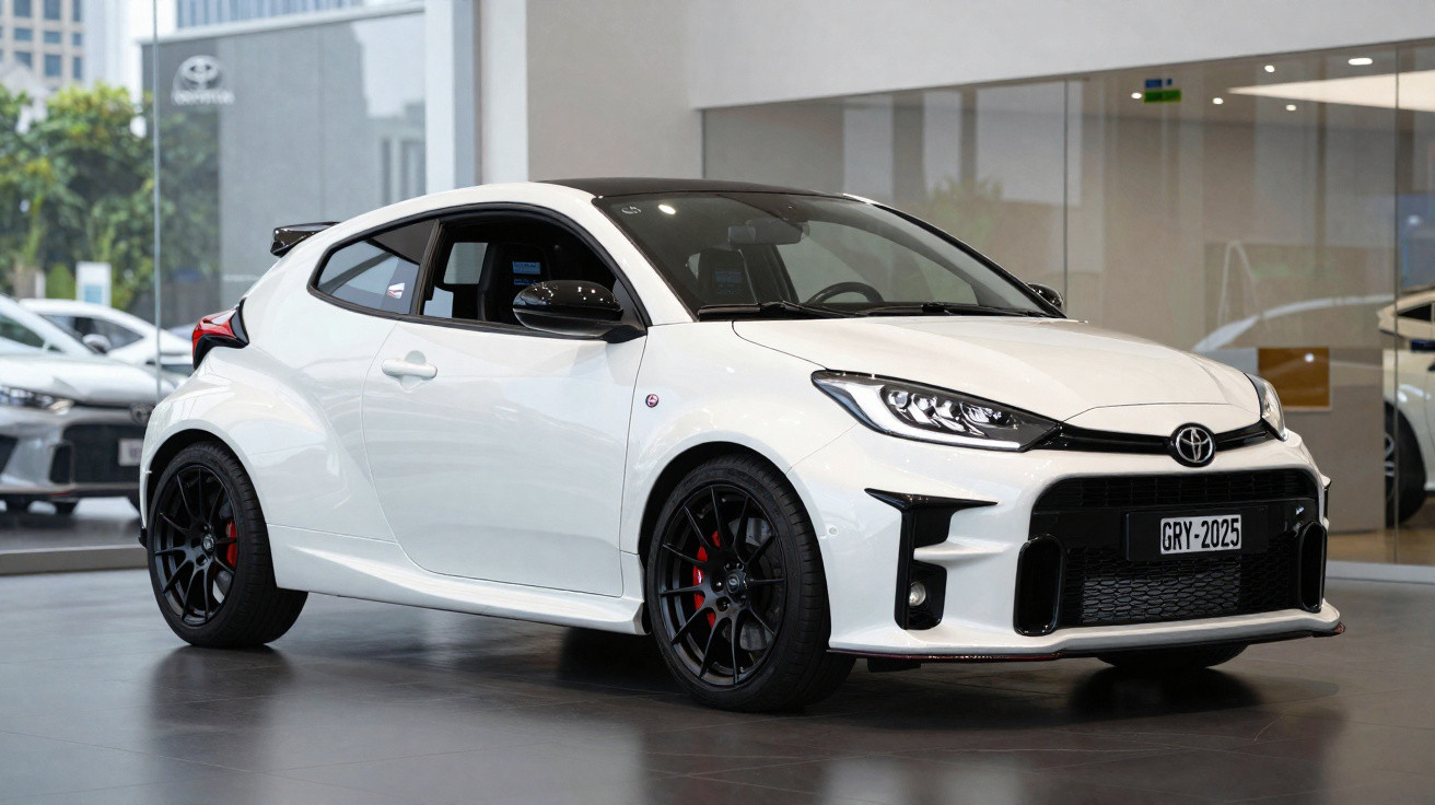 Voiture sportive compacte blanche Toyota GR Yaris exposée en showroom moderne avec jantes noires et détails rouges.