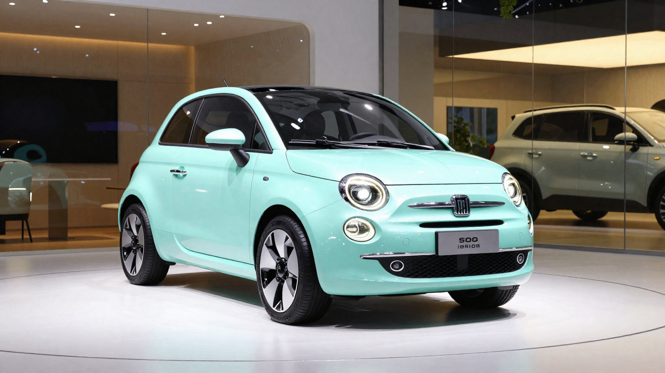 Voiture compacte Fiat 500 électrique de couleur bleu clair exposée en showroom moderne.