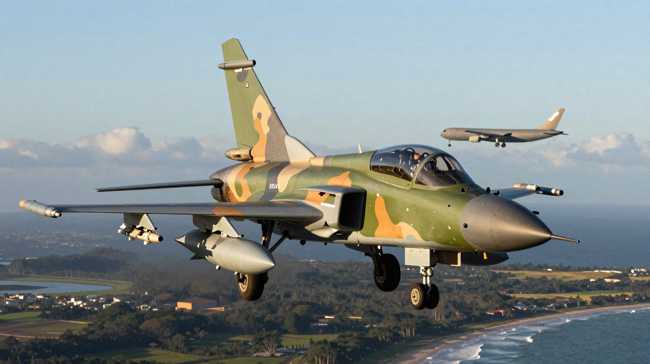 Chasseur militaire vert camouflage volant au-dessus de la côte avec un avion civil en arrière-plan.