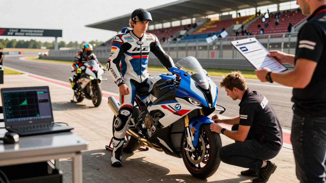 Pilote en combinaison blanche avec moto bleue dans un stand, mécanicien ajuste la roue avant sur un circuit.