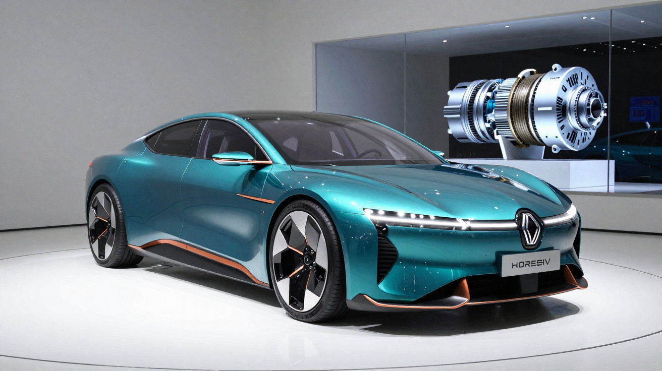 Voiture électrique sportive bleu métallisé exposée dans un showroom avec un moteur électrique en arrière-plan.