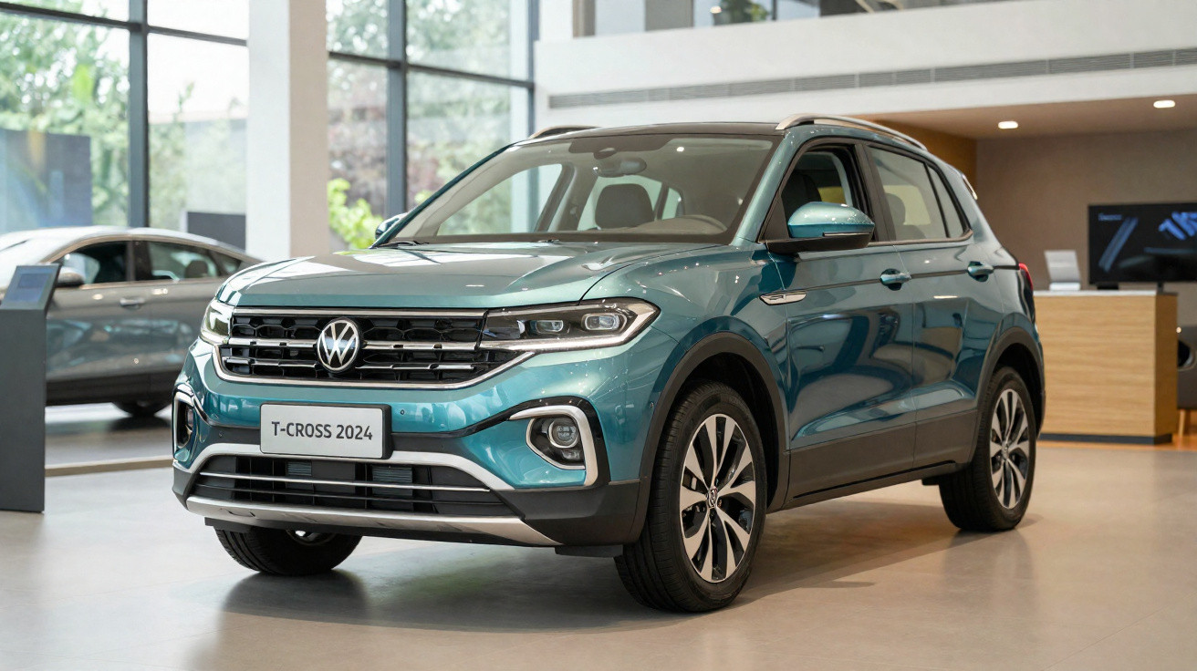 SUV Volkswagen T-Cross 2024 bleu exposé dans un showroom moderne avec lumière naturelle.