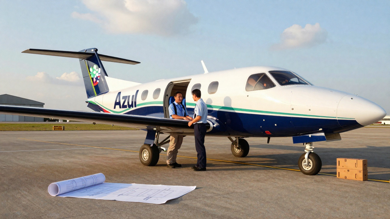 Deux hommes discutent près d’un petit avion Azul stationné sur un tarmac avec des plans au sol.