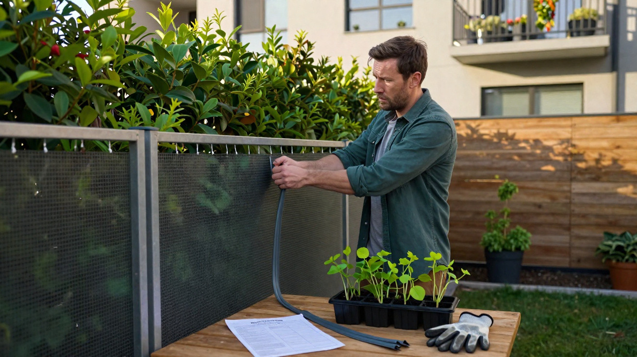 Homme installant un tuyau d'arrosage sur une clôture dans un jardin avec des jeunes plants sur une table en bois.