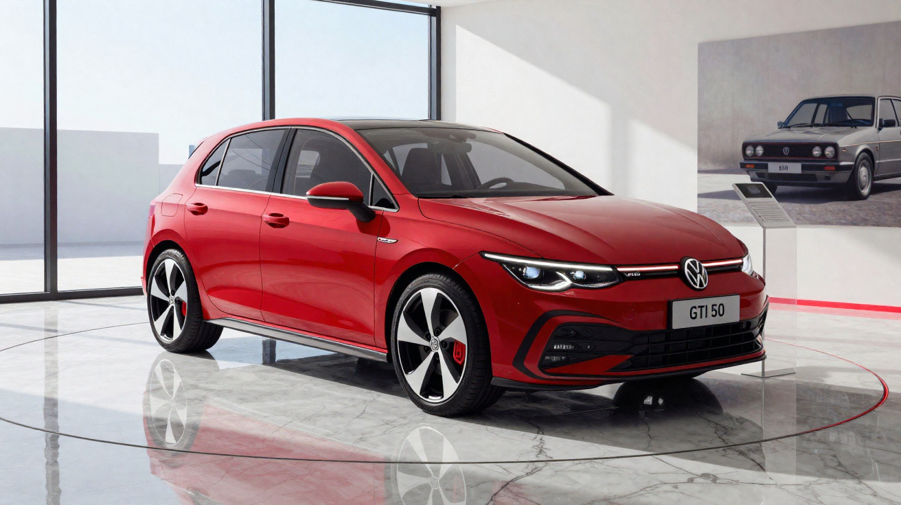Voiture Volkswagen GTI rouge brillante exposée dans un showroom moderne avec sol en marbre.
