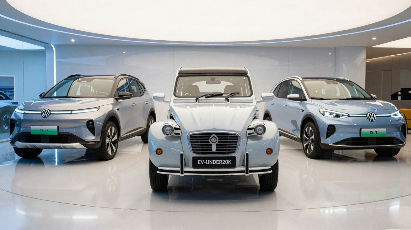 Trois voitures électriques modernes et rétro alignées dans un showroom lumineux avec sol blanc brillant.