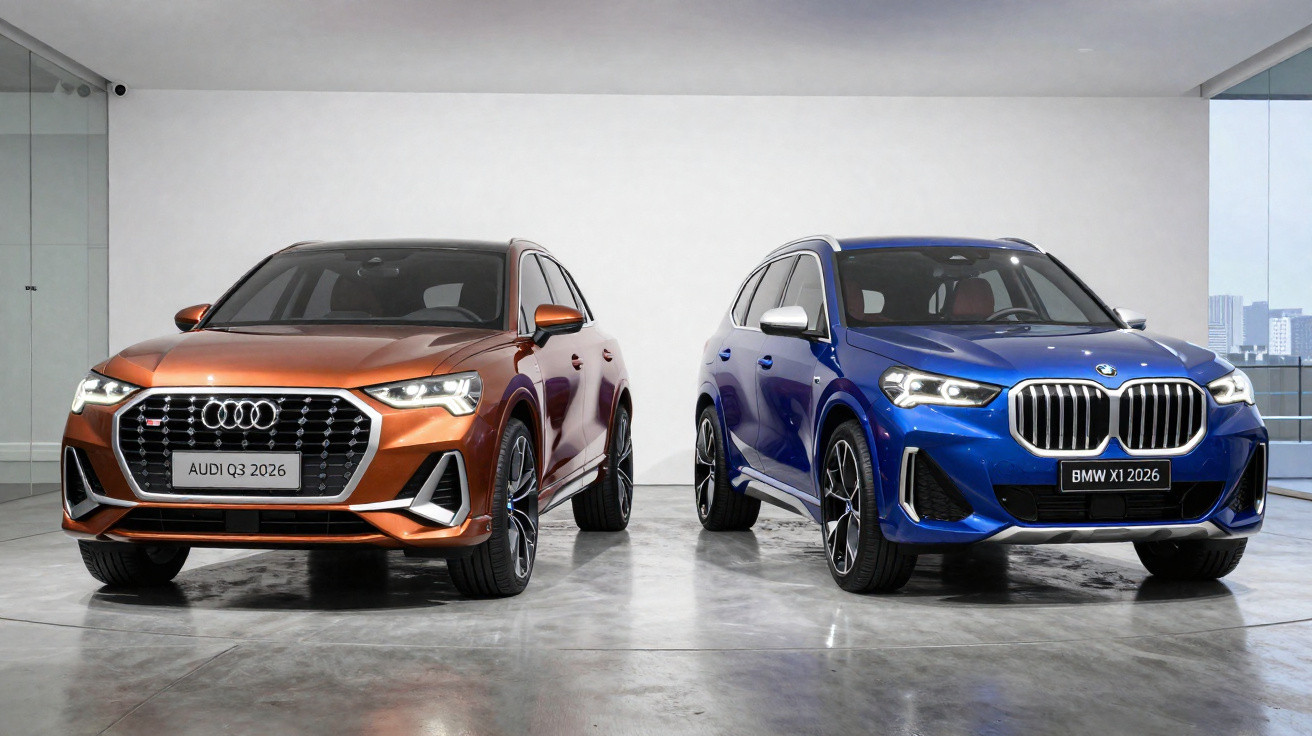Deux SUV modernes, un Audi Q3 orange et un BMW X1 bleu, exposés dans un showroom lumineux.