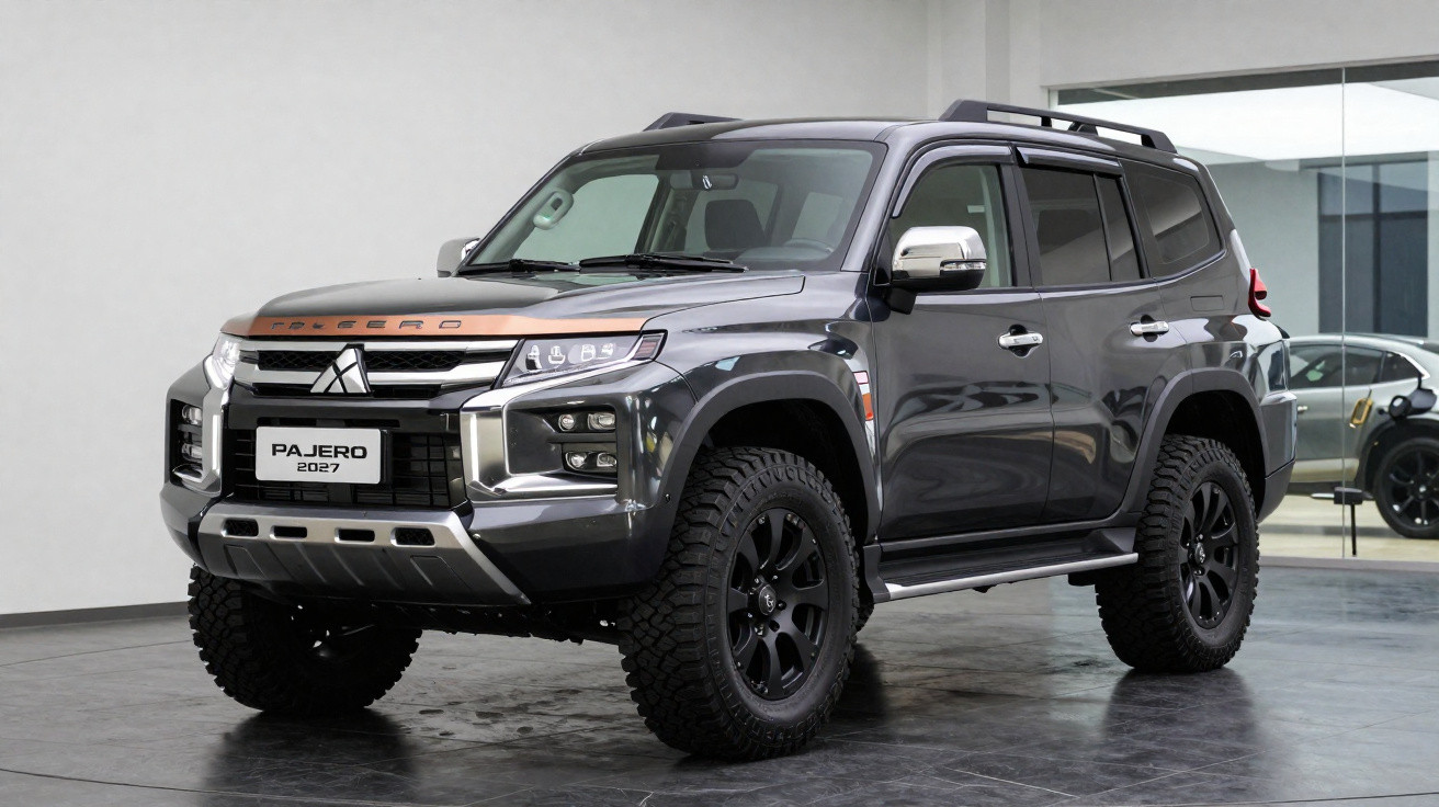 SUV Mitsubishi Pajero 2027 noir mat avec pneus tout-terrain exposé dans un showroom moderne.