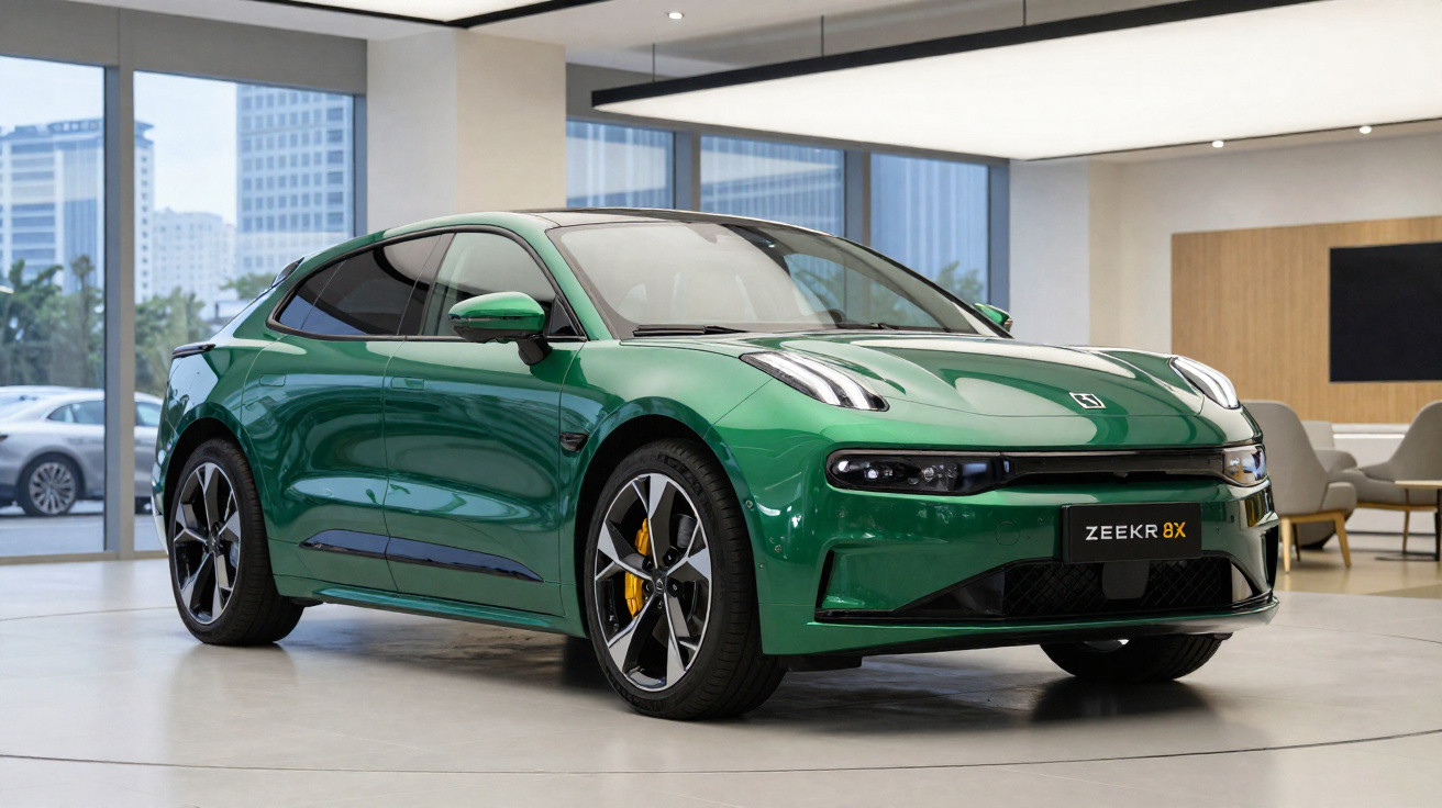 Voiture électrique verte ZEEKR 8X présentée dans un showroom moderne avec de grandes baies vitrées.