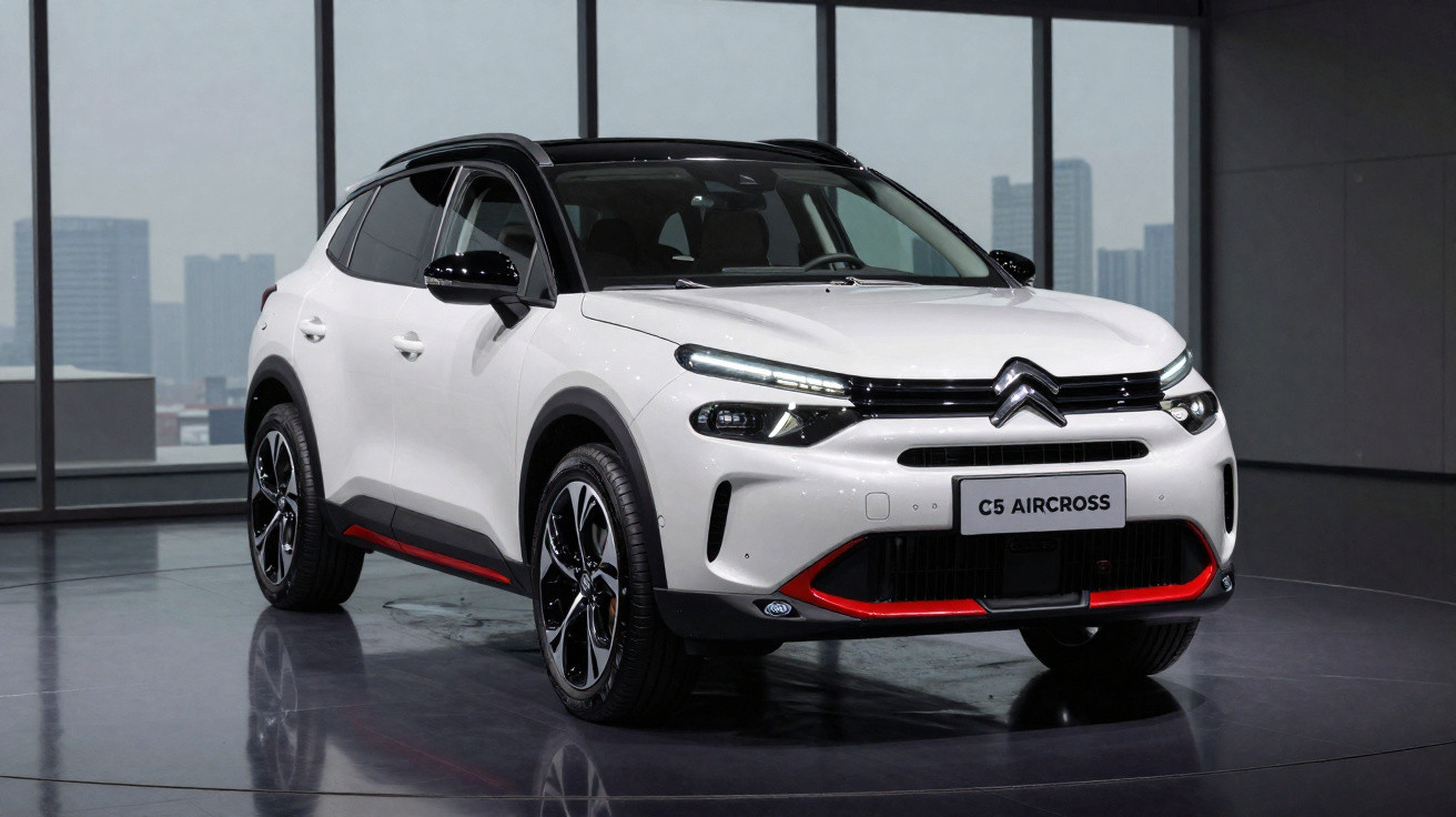 Voiture Citroën C5 Aircross blanche avec détails rouges exposée dans un showroom moderne.