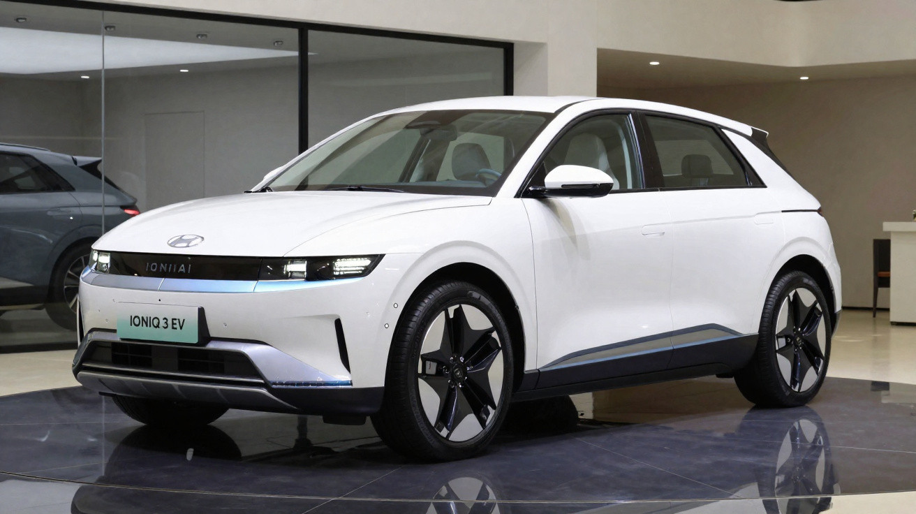 Voiture électrique Hyundai Ioniq 3 EV blanche exposée dans un showroom moderne.