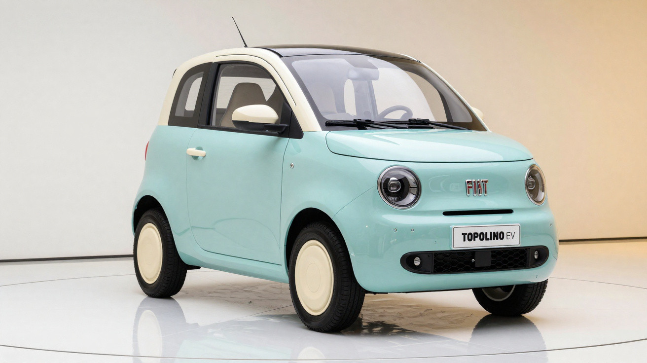 Voiture électrique compacte Fiat Topolino EV bleu pastel avec toit blanc sur fond neutre.