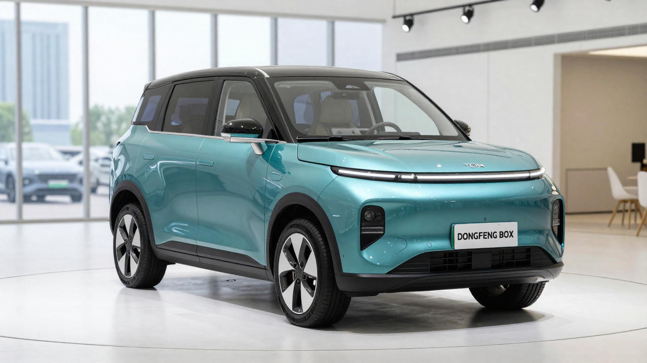 Voiture électrique compacte turquoise Dongfeng Box exposée dans un showroom moderne et lumineux.