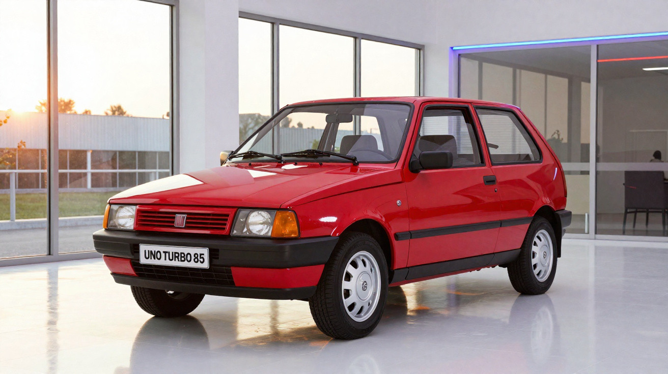 Voiture rouge Fiat Uno Turbo 85 exposée dans un showroom moderne avec grandes baies vitrées.