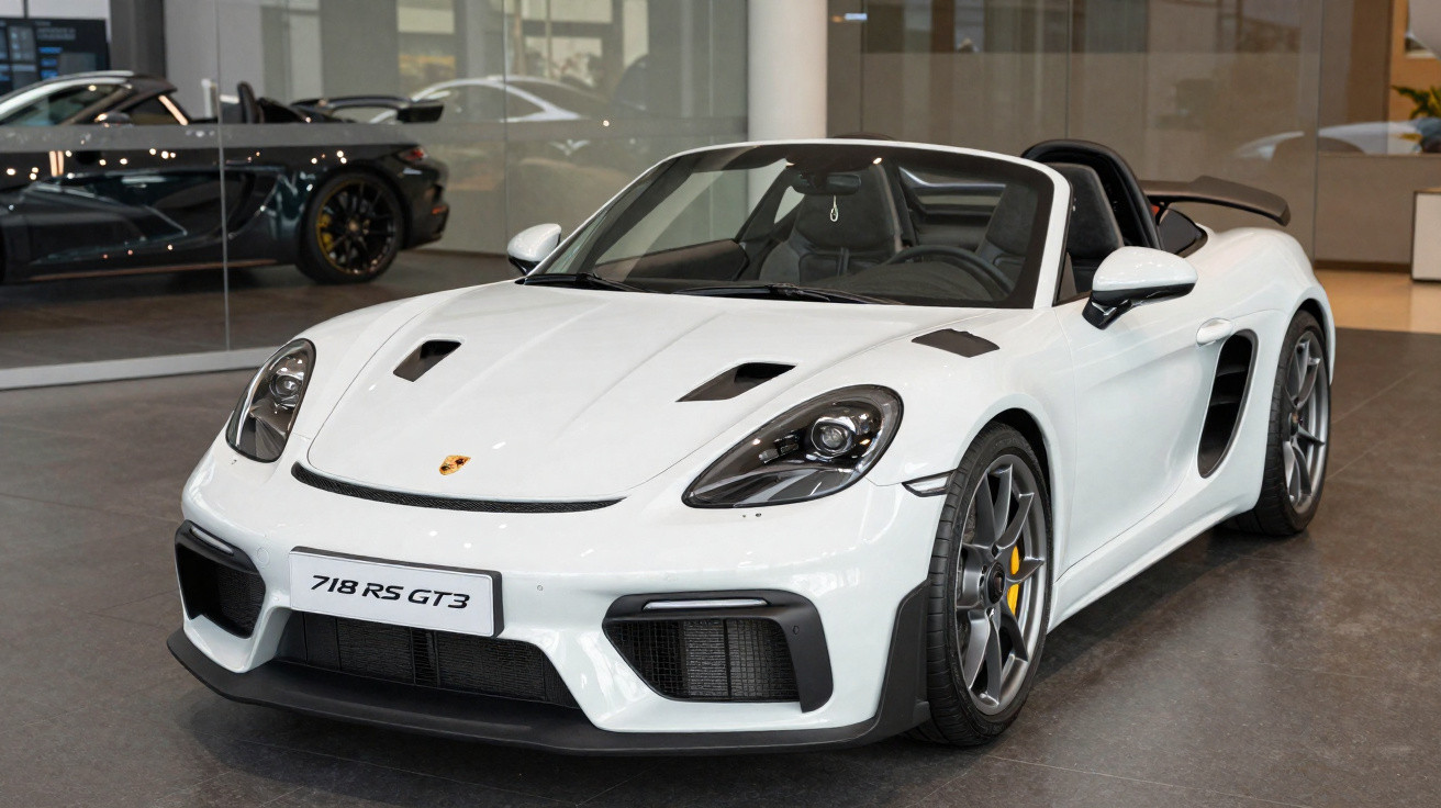 Voiture de sport Porsche 718 RS GT3 blanche, cabriolet, exposée en intérieur moderne.
