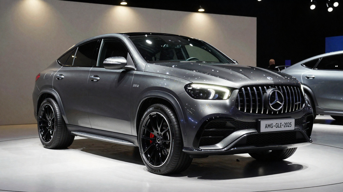 Voiture Mercedes AMG GLE 2025 grise métallisée exposée dans un showroom moderne éclairé.