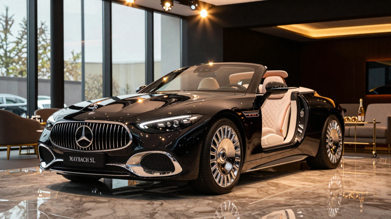 Voiture de luxe Mercedes-Maybach SL noire décapotable avec intérieur beige dans un showroom moderne.