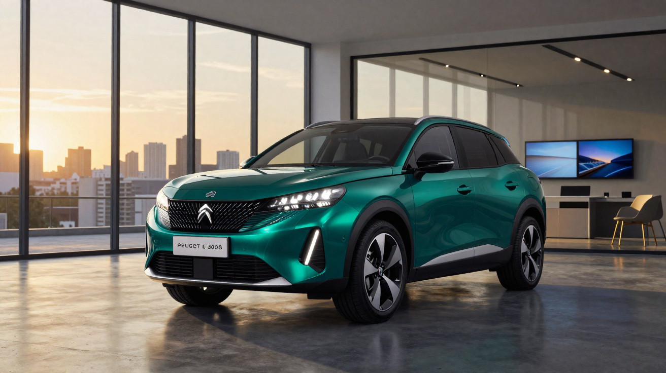 SUV Peugeot électrique vert métallisé garé dans un showroom moderne au lever du soleil.