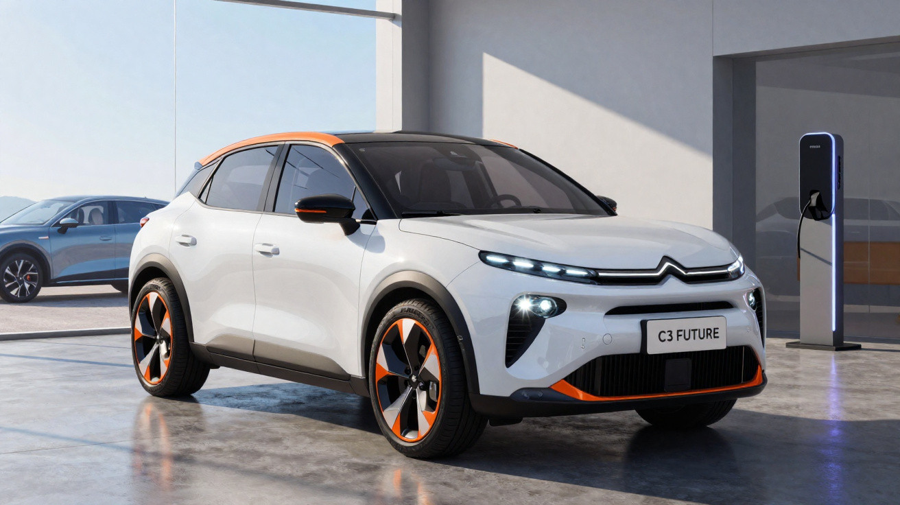 Voiture électrique Citroën C3 Future blanche avec détails orange, en charge dans un garage moderne.