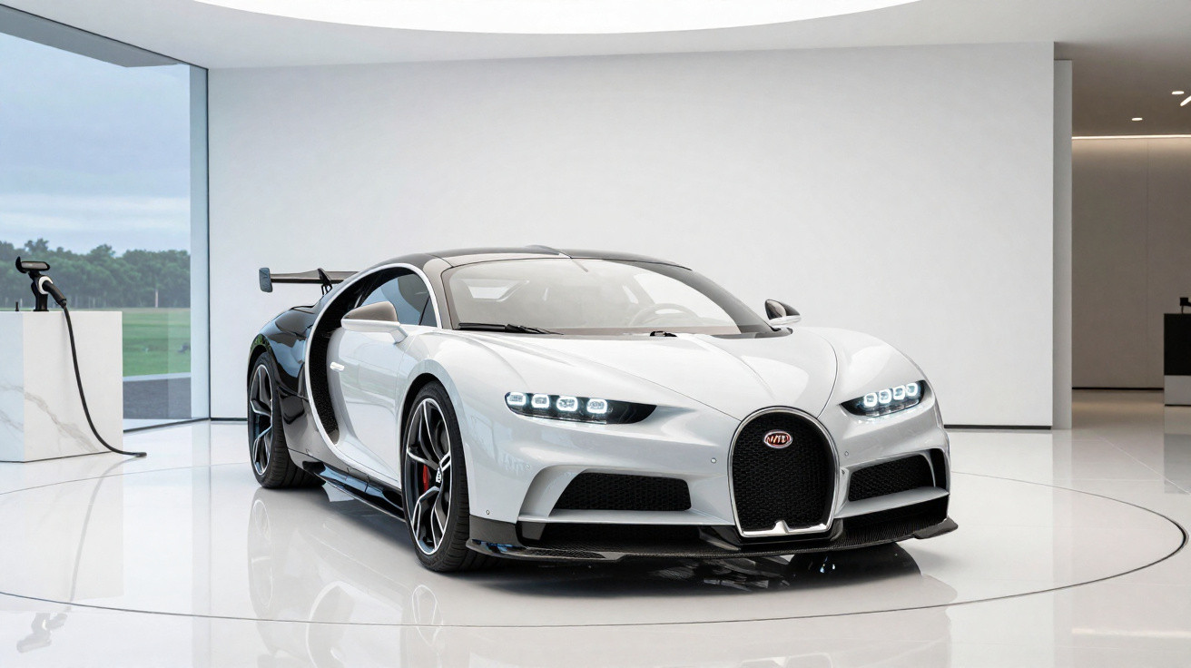 Voiture de sport Bugatti Chiron blanche et noire exposée dans une salle moderne avec une borne de recharge électrique.