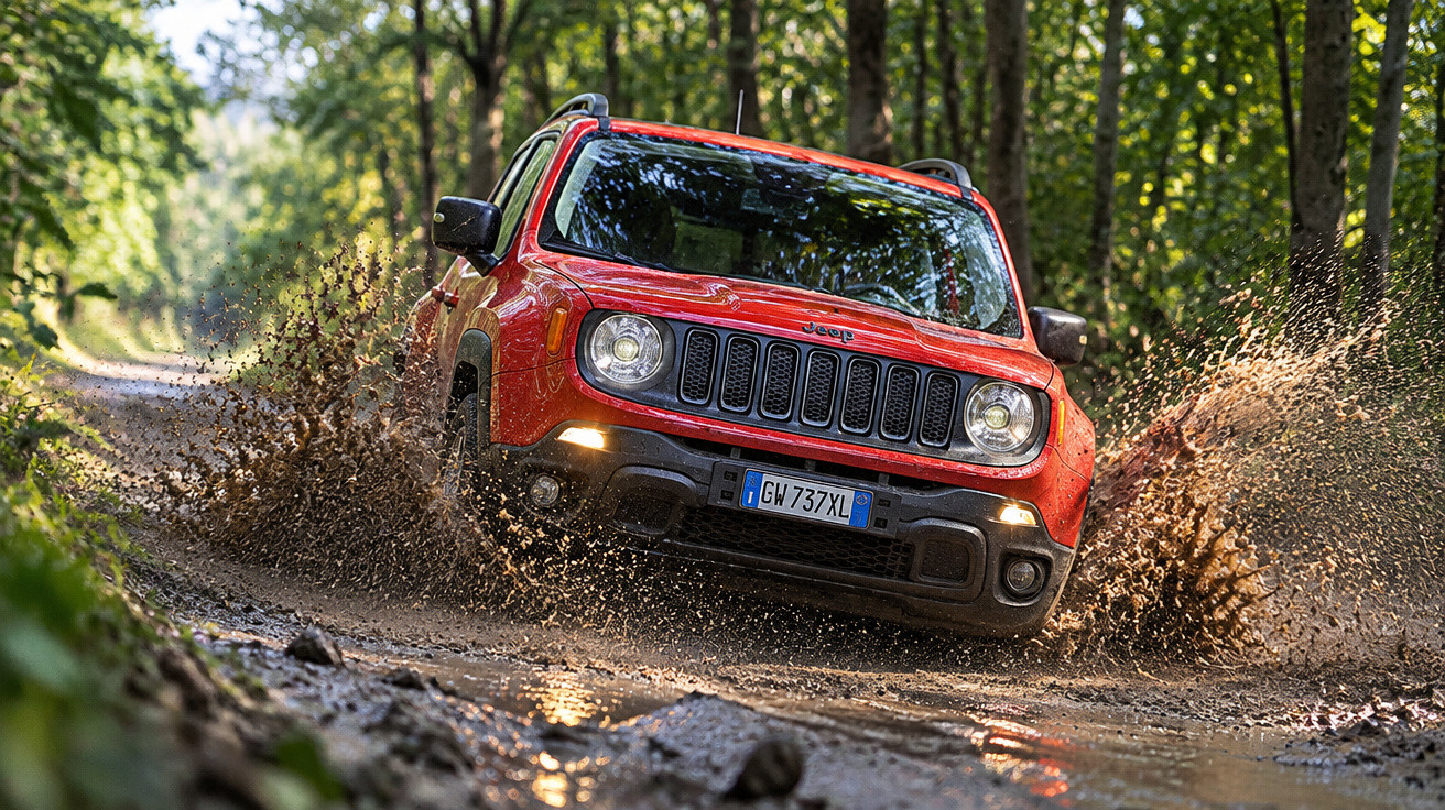 Jeep rouge roulant rapidement sur un chemin boueux en forêt, éclaboussant de la boue autour.