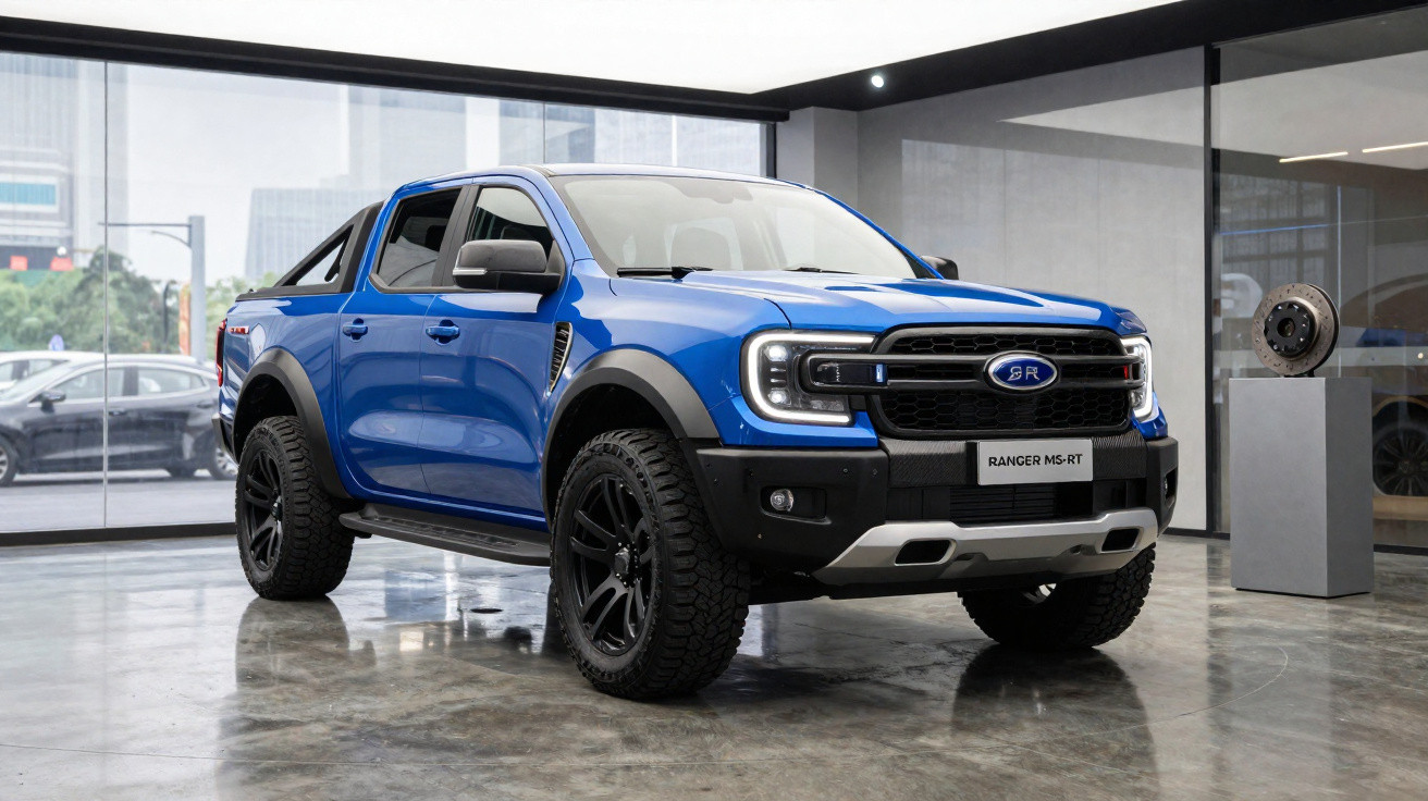 Pick-up bleu Ford Ranger MS-RT exposé dans un showroom moderne avec sol en béton ciré.