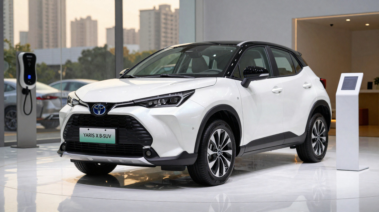 SUV Toyota Yaris X B-SUV blanc et noir exposé dans un showroom moderne avec borne de recharge électrique.