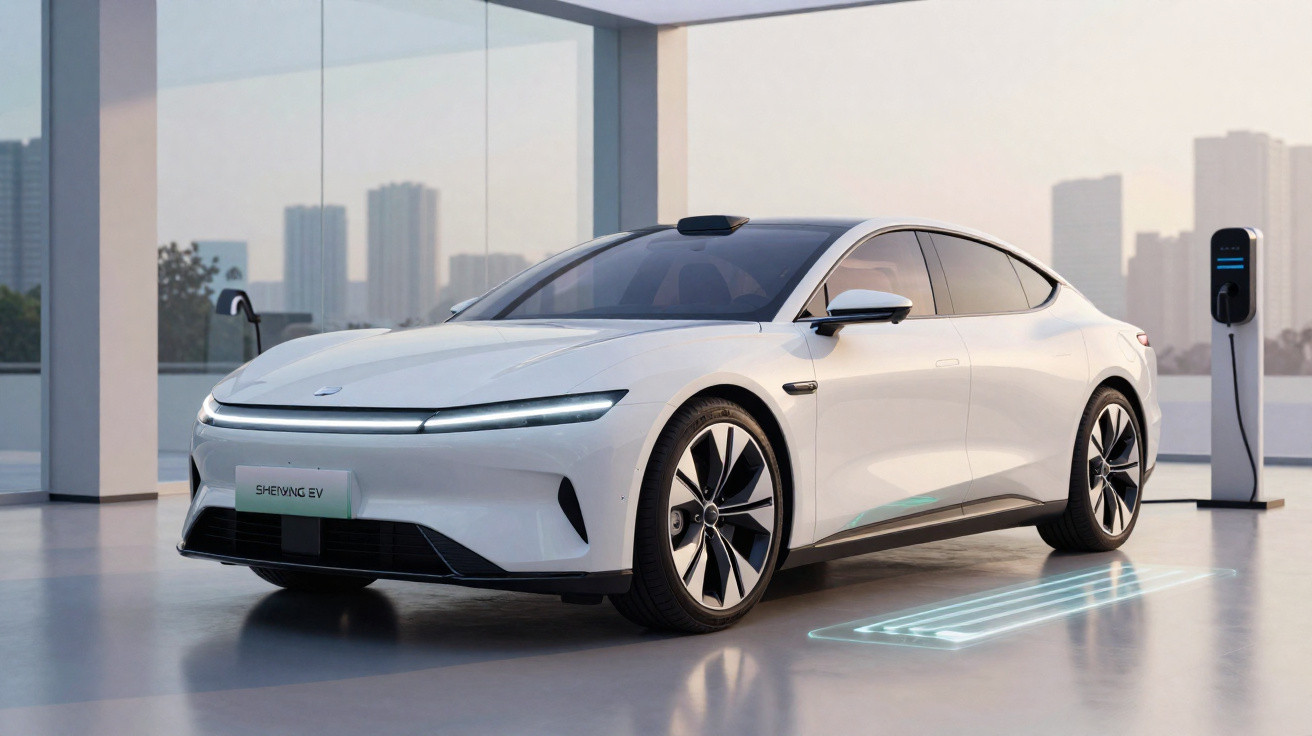 Voiture électrique blanche moderne en charge dans un garage avec vue urbaine en arrière-plan.