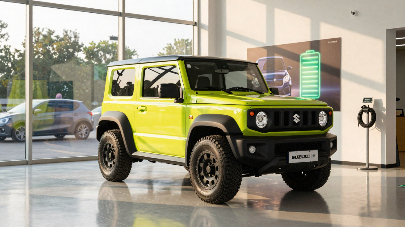 Voiture électrique compacte Suzuki Jimny verte exposée dans un showroom moderne et lumineux.