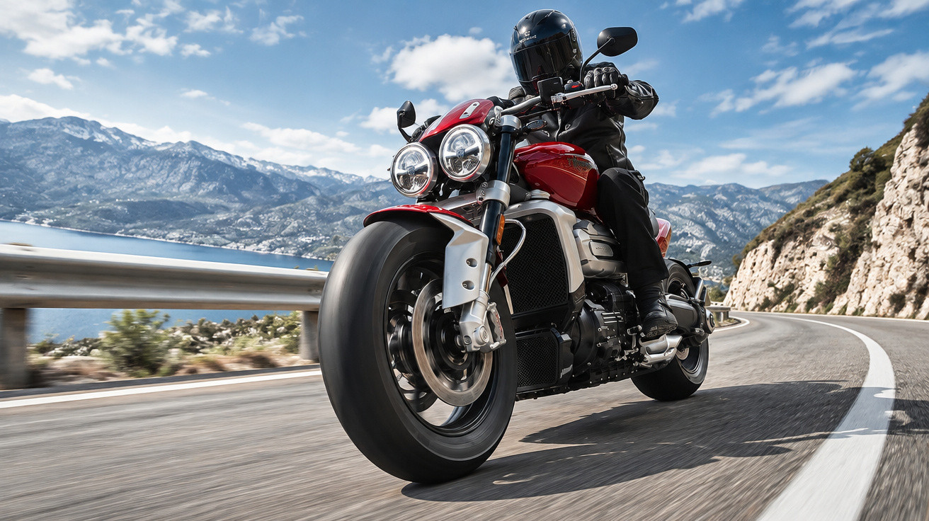 Motard en tenue noire sur une moto rouge roulant sur une route sinueuse en bord de mer avec montagnes en arrière-plan.